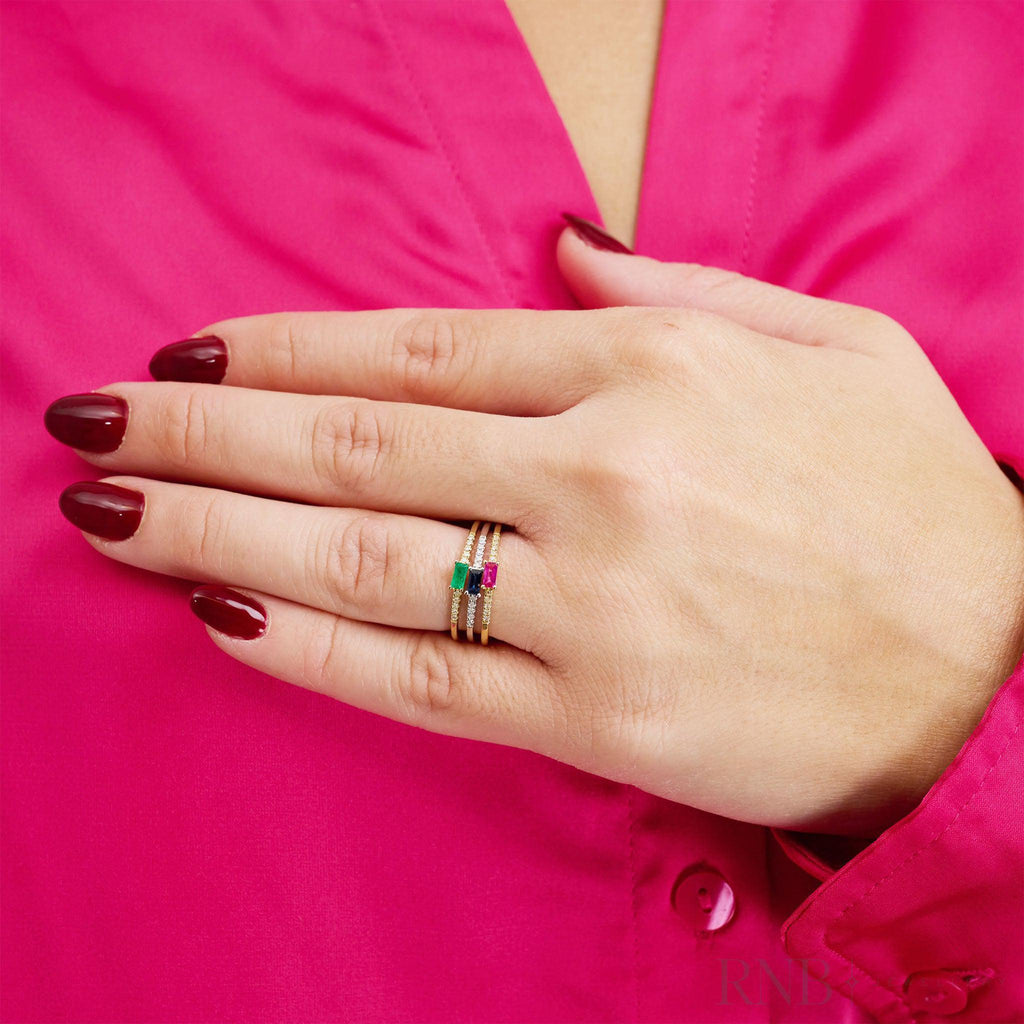 Emerald Cut Solitaire Precious Stone and Diamond Ring-RNB Jewellery